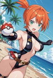 ai_generated alternative_bust_size asymmetrical_hair bare_shoulders beach belt black_gloves black_one-piece_swimsuit black_swimsuit blue_sky blush breasts brown_belt casual_one-piece_swimsuit center_opening clavicle cleavage clenched_hand clothing cloud coconut_tree day elbow_gloves eyebrows eyelashes female fingerless_gloves fingernails gloves green_eyes groin gym_leader halterneck highleg highleg_swimsuit holding holding_object holding_poke_ball kasumi_(pokemon) large_breasts looking_at_viewer misty_(the_electric_tale_of_pikachu) navel ocean one-piece_swimsuit one_side_up open_mouth orange_hair outdoors palm_tree poke_ball poke_ball_(basic) pokemon pokemon_character ponytail print_swimsuit rock sand shore short_hair side_ponytail sideboob sky sling_swimsuit solo swimsuit teeth the_electric_tale_of_pikachu thigh_strap thighs tied_hair tree upper_teeth upper_teeth_only v-shaped_eyebrows water