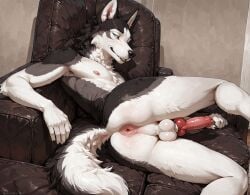 5_fingers ai_generated anal_wink anthro anus aroused ass athletic aurugy balls bodily_fluids canid canine canis director_name domestic_dog fingers fur furniture genitals hi_res husky knot looking_at_viewer looking_back looking_back_at_viewer lubed_anus lying male mammal multicolored_body multicolored_fur nordic_sled_dog penis presenting presenting_anus presenting_hindquarters realistic_balls_size realistic_penis_size short_playtime sofa solo spitz sweat video