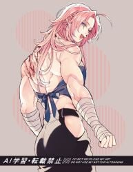 ahoge back_muscles bishonen blood blue_eyes cuts gintama hair_down hakama injury kamui_(gintama) kyu_717 long-haired_male long_hair looking_at_viewer looking_back male male_only muscular muscular_male orange_hair pink_hair rear_view scratches smile solo strawberry_blonde_hair tied_shirt twunk wounded