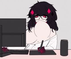 1girls anime_style artist_request black_hair computer desk digital_art digital_artist drawing drawing_tablet drink_can focused ground keyboard looking_at_screen loose_clothes medium_hair messy_hair monitor off_shoulder pale_skin red_eyesglasses simple_back sitting solo stylus tagme upper_body using_graphics_tablet white_shirt whoever_did_the_tags_needs_to_use_spacebar working_at_computer