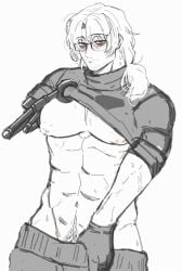 abs bara big_titties black_glasses black_gloves blush blushing_at_viewer brown_eyes clothes eye_bags eye_contact gay glasses gregor_(limbus_company) happy_trail limbus_company male male_only mechanical_arm middle_aged middle_aged_male no_sex no_visible_genitalia pierced_belly_button pierced_nipples piercings ponytail project_moon shirt_lift sole_male stripping stubble sweat white_background