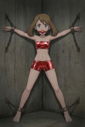 1girls 2d ai_generated ball_gag bare_shoulders barefoot belly_button blue_eyes bondage brown_hair brunette_hair chained chained_to_wall female female_focus female_only light_skin looking_at_viewer may_(pokemon) midriff pokemon shackled_ankles shackled_wrists shackles shorts spread_eagle tight_clothes tight_clothing tight_shorts tubetop