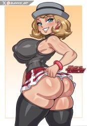 1girl ass big_ass big_breasts black_legwear blannis_art blonde_hair blue_eyes breasts covered_nipples earrings female female_only gradient_background hat huge_ass jewelry looking_at_viewer looking_back open_mouth pokemon pokemon_(anime) pokemon_anime pokemon_journeys pokemon_xy serena_(pokemon) short_hair skirt smile solo thick_thighs thighhighs thighs white_border