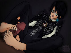 1boy alternate_hairstyle barefoot bayonetta bayonetta_(character) bayonetta_2 black_hair bodysuit feet female foot_fetish foot_focus footjob glasses green_eyes hair human jewelry male mindex523 mole penis pov_feet sex short_hair soles straight toenails toes uncensored