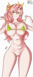 ass_visible_through_thighs belly belly_button bikini bikini_top bikini_top_only blush bottomless bottomless_female breast_squeeze breasts cleavage digital_drawing_(artwork) digital_media_(artwork) female green_eyes half_naked hips holding_bikini_top holding_clothes jhonnyrex large_breasts long_hair mole_on_breast mole_on_thigh naked_from_the_waist_down navel nicole_demara nipple_bulge nipples no_panties oppai pink_hair pussy smug smug_face smug_grin smug_smile thick_thighs thighs twintails vagina white_background yellow_ribbon zenless_zone_zero