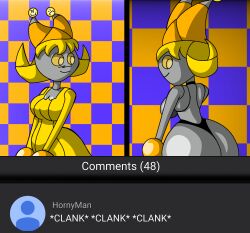 2026 2026s ass blonde_hair clank_clank_clank clanker clothed comment_section joke joke_art joke_explainer_17000 joke_explainer_7000 joke_explainer_7000_(maker) looking_at_viewer medium_breasts meme nice_ass olivia_(paper_mario) panties robot robot_girl robot_humanoid topless unknown_character youtube