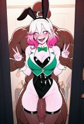 1boy 1girl ai_generated bowtie briar_(league_of_legends) bunny_costume bunny_ears change_room curvy_figure female glossy holding_hands imminent_rape latex_shorts league_of_legends monster_girl peace_sign penis_between_thighs prussia123 pulling_arms sexy sexy_body sexy_clothing shiny shopping_mall skimpy_clothes skimpy_topwear teasing thick_penis tight_clothing tongue_out