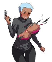 1girls april_(darker_than_black) blue_hair bra breasts brown_eyes dark-skinned_female dark_skin darker_than_black female gun huge_breasts inverted_nipples judy_(artist) lingerie nipples pants short_hair solo tearing_clothes tearing_open_top torn_bra torn_clothes torn_shirt weapon