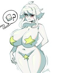 albina_(tidal) albino angry_face child_bearing_hips covered_nipples curvy_figure female_only gerph massive_breasts oc red_eyes semi_nude short_hair tidal_(artist) white_girl white_hair