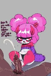 2026 angry cameltoe chocovania_(character) clothed clothing cum cumshot dark-skinned_male dialogue english_text female foot_fetish footjob hi_res horn horns imp legwear male male/female meweeze panties penis pink_hair shortstack solo_focus text topwear