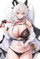 1girl absurdres alternate_breast_size_(larger) black_bra black_choker black_gloves black_horns black_jacket black_panties bra breasts choker commentary curled_horns dakimakura_(medium) earrings english_commentary gloves hair_between_eyes half_gloves head_on_pillow highres horns huge_breasts jacket jewelry key_earrings long_hair looking_at_viewer multicolored_hair navel necktie open_mouth panties pillow red_eyes red_necktie shirt single_half_glove solo stomach streaked_hair thighs underwear white_hair white_shirt wuthering_waves yujin_(sexyjjuggumi) zani_(wuthering_waves)