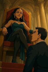 1boy 1girls ai_generated aqua_detached_collar aqua_dress arabian_female arm_at_side armlet bare_shoulders batman_(series) black_eyes black_hair black_legwear black_pantyhose black_suit breasts brown_lipstick bruce_wayne cape cleavage closed_mouth couple crossed_legs crossed_legs_(sitting) dark-skinned_female dark_skin dc dc_comics detached_collar dress earrings eye_contact femdom from_below gold_armlet gold_earrings gold_jewelry half-closed_eyes indoors jewelry legwear lips lipstick long_hair long_sleeves looking_at_another looking_down looking_up makeup malesub medium_breasts naughty_face neck palace pantyhose pillar queen_bee_(dc) short_dress short_hair sitting smile straight straight_hair strapless strapless_dress suit sunset supervillainess thesirenspell thick_eyebrows throne throne_room tiara tuxedo villainess wristband young_justice