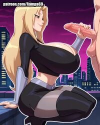 2d ai_generated arm_guards black_bodysuit blackfire_(cosplay) blonde_hair bodysuit boots city cleavage cosplay costume crossover curvy dc_comics digital_media_(artwork) erection faceless_male forehead_mark gigantic_breasts handjob heavy_chest huge_breasts huge_cock kneeling long_hair looking_at_penis male midriff naruto navel night outdoors penis purple_sky rampa69 rooftop shippuuden side_view silver_belt skyline smiling stroking teen_titans thick_thighs thigh_highs touching_penis tsunade veins