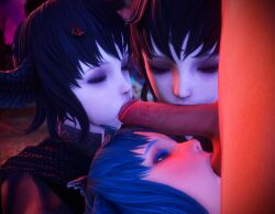 2022 bisexual bisexual_female blue_eyes blue_hair blush collaborative_fellatio fellatio fffm_foursome final_fantasy final_fantasy_xiv hi_res kayuri meteion saliva selfcest square_enix sucking_balls