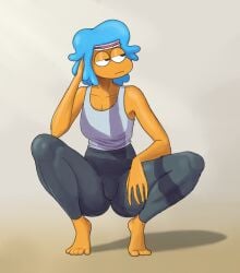 1girls 5_fingers 5_toes barefoot black_leggings black_yoga_pants blue_hair clothed clothed_female feet female female_only flight_attendant_(the_amazing_world_of_gumball) hand_on_head leggings looking_away neutral_expression sfw short_hair simple_background singlet solo solo_female squatting tawog the_amazing_world_of_gumball thick_thighs vr457 white_singlet workout_clothes yellow_skin yoga_pants