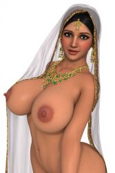 1girls 3d 3d_(artwork) ai_generated areolae big_ass big_breasts black_eyes black_hair breasts breasts_out dark-skinned_female earrings forehead_jewel indian indian_clothes indian_female looking_at_viewer naked naked_female necklace nipples nude nude_female solo solo_female veil white_background