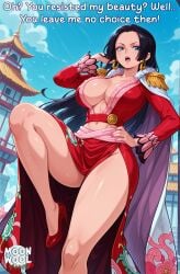 ai_assisted ai_generated bare_legs bare_thighs big_breasts black_hair blue_eyes boa_hancock breasts caption cleavage clothed clothed_female comic curvy curvy_body curvy_female female female_only huge_breasts large_breasts leg_up long_hair looking_at_viewer moonwool_branch one_piece open_mouth talking talking_to_another thick_ass thick_thighs thighs uncensored