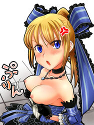 1girls :o anger_vein angry bare_shoulders blonde_hair blue_eyes blush bouncing_breasts bow breasts choker dress_pull fantasy_earth_zero female jewelry necklace no_bra solo urokozuki