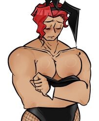 1boy bara buff buff_male bunny_ears bunnysuit danganronpa_another fanganronpa kasai_shinji male male_only muscular muscular_male red_hair solo solo_male super_danganronpa_another_2 tanned tanned_male tanned_skin white_background