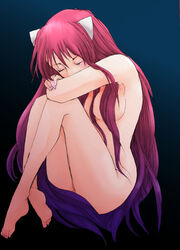 1girls artist_request barefoot closed_eyes elfen_lied female female_only fetal_position highres horns long_hair lucy_(elfen_lied) nude pink_hair solo