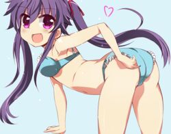 ass blue_background blue_bikini breasts ebisuzawa_kurumi gakkou_gurashi! heart highres looking_at_viewer purple_eyes purple_hair