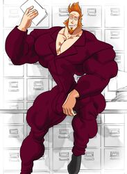 abs arms_up bara beard biceps big_bulge bulge facial_hair flaccid huge_balls huge_cock huge_testicles human hyper hyper_balls hyper_genitalia hyper_muscles hyper_penis hyper_testicles male male_focus male_only mephistopheles mephistopheles_(welcome_to_hell) muscle muscles muscular muscular_arms muscular_legs muscular_male muscular_thighs nipples office orange_hair pecs remert sitting sitting_down smile smiling smiling_at_viewer solo solo_male suit thick_thighs tight_clothes tight_clothing tight_pants welcome_to_hell