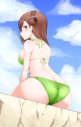 ass breasts clouds cute gakkou_gurashi! green_bikini highres long_hair looking_at_viewer looking_back sky tagme thighs wakasa_yuuri yellow_eyes