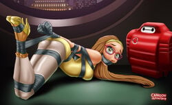 1girls abducted arms_behind_back big_hero_6 bondage bound_and_gagged cabroon disney eyewear female gag gagged glasses honey_lemon kidnapped marvel marvel_comics solo tape_bondage tied_up