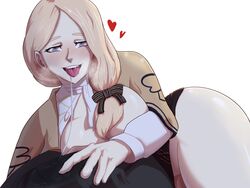 ass bare_thighs big_breasts blonde_hair blush breasts breasts_out brown_skin bulge caressing_penis clothed fire_emblem fire_emblem:_three_houses garreg_mach_monastery_uniform hiddenfuchsia large_ass large_breasts long_hair looking_at_viewer mercedes_von_martritz naughty_face nintendo open_smile penis_grab penis_under_clothes purple_eyes redfushsia rosenju saliva saliva_string saliva_trail side_ponytail smile teasing thick_thighs thighs tongue tongue_out underwear