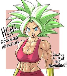 1girls abs cleavage dialogue dragon_ball dragon_ball_super earrings female_saiyan green_hair huge_breasts kefla legendary_super_saiyan looking_at_viewer muscular muscular_female pseudocel saiyan solo super_saiyan super_saiyan_2 text tight_clothing universe_6/universe_7 universe_6_saiyan/universe_7_saiyan