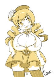 1girls blonde_hair breast_expansion breasts cleavage female female_only huge_breasts mahou_shoujo_madoka_magica mami_tomoe puella_magi_madoka_magica skirt solo solo_female soreavacado stockings tomoe_mami tongue_out