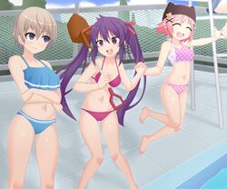 3girls :d absurdres blue_bikini blue_eyes breasts closed_eyes ebisuzawa_kurumi eyes_closed gakkou_gurashi! hat highres legs long_hair long_legs multiple_girls naoki_miki panties pink_bikini pink_hair pool purple_bikini purple_eyes purple_hair red_eyes santystuff smile takeya_yuki teeth yellow_hair