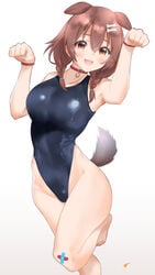 1girls animal_ears ayaoricarbon bent_leg bracelet brown_eyes brown_hair collar dog_ears dog_girl dog_tail female female_only hairclip hazel_eyes hololive hololive_gamers hololive_japan inugami_korone kemonomimi looking_at_viewer one-piece_swimsuit pose solo swimsuit tail twintails virtual_youtuber white_background