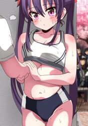 absurdres blush breasts_grab ebisuzawa_kurumi gakkou_gurashi! grabbing gym_uniform highres long_hair purple_eyes purple_hair tagme