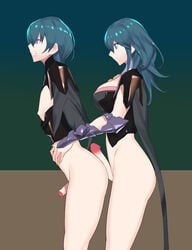 1boy 1futa arms_behind_back ass big_penis bottomless breasts byleth_(fire_emblem) byleth_(fire_emblem)_(female) byleth_(fire_emblem)_(male) clothed clothing duo femboy fire_emblem fire_emblem:_three_houses from_behind futa_is_bigger futa_on_femboy futa_on_male futanari human light_skin male nintendo nipples pale-skinned_femboy pale-skinned_futanari pale-skinned_male pale_skin partially_clothed penis rule_63 selfcest side_view small_penis standing ukimukai