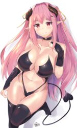 absurdres bare_shoulders choker cleavage demon_girl demon_horns demon_tail gloves hair_ornament highres horns large_breasts looking_at_viewer mushpz navel original pink_hair red_eyes revealing_clothes sidelocks signature smile solo tail thighhighs twintails