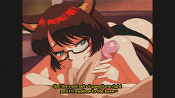 1girls ball_sucking blush brown_hair cat_ears commission dirtyero_(artist) faceless_male facial_markings female female_focus glasses green_eyes hand_on_penis large_penis long_hair looking_at_penis oldschool oral original original_character panties penis pillarbox precum retro retro_artstyle solo_focus straight testicles text topless vhs vhs_artifacts vhs_filter