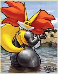 anthro anthrofied ass_focus beauty_mark big_ass big_breasts big_butt big_ears black_body black_fur boat border bracelet breasts butt curvy_figure day delphox fan_(disambiguation) female fluffy fluffy_tail fox fur furry_only ghetto ghetto_delphox hi_res huge_breasts huge_butt huge_thighs jewelry lake looking_at_viewer looking_back mature_anthro mature_female milf multicolored_body multicolored_fur nintendo nude outside partially_submerged pokémorph pokemon public public_nudity red_body red_fur signature skinny_dipping sligarthetiger solo solo_female standing thick_thighs video_games voluptuous voyeur water white_body white_fur wide_hips yellow_body yellow_border yellow_fur