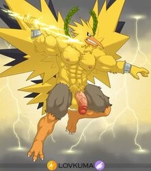 2021 3_toes 5_fingers abs anthro anthrofied avian bara beak biceps biped bracelet_only cuffs_(clothing) deity electricity european_mythology feathers feet fingers flaccid flying genitals hi_res humanoid humanoid_genitalia humanoid_penis laurel_wreath legendary_pokémon lightning lightning_bolt lovkuma male male_only midair muscular muscular_anthro muscular_male nintendo nipples nude pecs penis plantigrade pokémon_(species) pokemon pubes signature solo tail_feathers talons text toes triceps veiny_penis video_games winged_humanoid wings yellow_beak yellow_body yellow_feathers zapdos