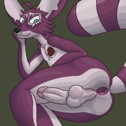 anthro anus ass balls big_tail cacomixtle cock-tail digital_media_(artwork) fangs fur genitals humanoid_genitalia humanoid_penis lying male noodlybat_(artist) on_side penis penis_tuck pixel_art presenting presenting_anus presenting_hindquarters purple_body purple_fur scar simple_background solo striped_tail stripes white_body white_fur