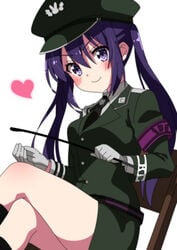 absurdres blush chair female gochuumon_wa_usagi_desu_ka? hat heart highres long_hair long_sleeves military military_hat military_uniform necktie purple_eyes purple_hair schoolgirl sinakyo sitting smile smiley_face tedeza_rize twintails uniform v-shaped_eyebrows