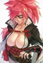 baiken cleavage epic7 facial_scar facial_tattoo female female_warrior guilty_gear katana large_breasts long_hair looking_at_viewer one-eyed pink_hair ponytail red_eyes samurai_girl serious uncle_rabbit_ii