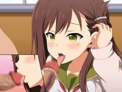 1boy blush brown_hair female gakkou_gurashi! happy highres japanese_text licking looking_at_penis looking_pleasured open_mouth penis penis_grab school_uniform schoolgirl sucking text tongue_out wakasa_yuuri yellow_eyes