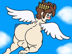 1boy 2021 5_toes angel angel_wings ass back backsack balls barefoot big_ass big_balls big_butt big_testicles blue_eyes blush blushing bottom_heavy brown_hair bubble_ass bubble_butt butt butt_crack clouds completely_nude cute dat_ass embarrassed eyebrows eyebrows_visible_through_hair feathered_wings feathers feet femboy flying ftrashpickle girly headwear highres hips huge_ass huge_butt kid_icarus laurel_crown laurel_wreath light-skinned_male light_skin looking_at_viewer looking_back male male_only naked nintendo nude nude_male open_mouth outdoors outside pit_(kid_icarus) rear_view short_hair sky solo solo_focus sweatdrop tears teeth testicles thick thick_ass thick_thighs thighs toes upper_teeth video_games white_feathers white_wings wide_hips wings