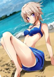 arm_support barefoot beach bikini blue_bikini blue_eyes blush breasts cleavage collarbone day female gakkou_gurashi! highres looking_at_viewer naoki_miki ocean outdoors short_hair sinakyo sitting sketch small_breasts solo swimsuit yellow_hair