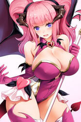 bare_shoulders blue_eyes blush cleavage curvy demon_girl demon_horns demon_tail demon_wings highres horns large_breasts leotard long_hair looking_at_viewer obaoba_(monkeyix) open_mouth original pink_hair solo tail thighhighs twintails wide_hips wings