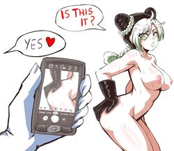 1girls album_cover album_reference belly big_breasts breasts female gloves green_eyes green_hair hand_on_ass jojo's_bizarre_adventure jolyne_kujo lewdamone long_hair nipples nude nude_female phone photo pussy recording shounen_jump stone_ocean talking the_strokes