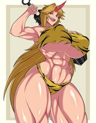 1girls abs blonde_hair erect_nipples female horn hoshiguma_yuugi hyperomizu muscular muscular_female muscular_thighs oni sharp_teeth tagme touhou underboob