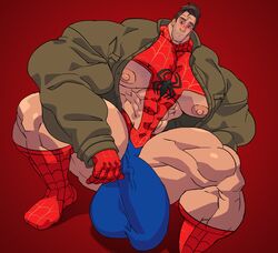 1boy abs balls biceps big_bulge blush blushing bulge chest_hair flaccid hairy hairy_chest hairy_male happy_trail huge_balls huge_bulge huge_cock huge_testicles human hyper hyper_balls hyper_genitalia hyper_muscles hyper_penis hyper_testicles laying_down looking_at_viewer male male_focus male_only marvel marvel_comics muscles muscular muscular_arms muscular_legs muscular_male muscular_thighs nipples pecs penis peter_parker remert shirt solo spider-man spider-man:_into_the_spider-verse spider-man_(series) testicles thick_thighs veins veiny_penis