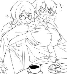 big_breasts black_and_white cute_fang faust_(limbus_company) female female_focus female_only food fully_clothed glasses groping groping_breasts groping_from_behind heathcliff_(limbus_company) limbus_company project_moon rule_63 scars short_hair surprised